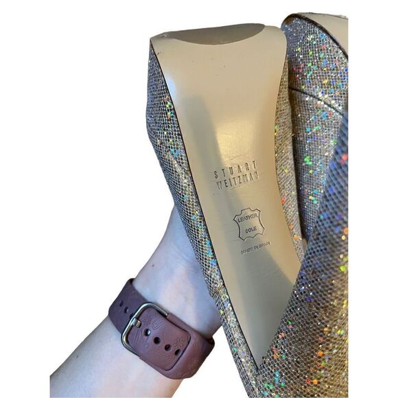 Stuart Weitzman Vevey Gold Glitter Platform Heels Slingback size 8.5 - Picture 13 of 14